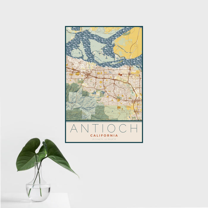 16x24 Antioch California Map Print Portrait Orientation in Woodblock Style With Tropical Plant Leaves in Water