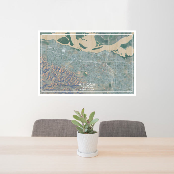 24x36 Antioch California Map Print Lanscape Orientation in Afternoon Style Behind 2 Chairs Table and Potted Plant