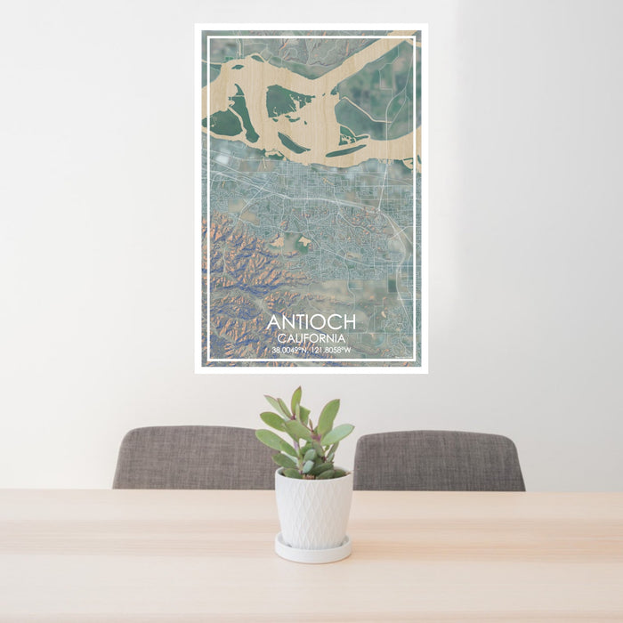 24x36 Antioch California Map Print Portrait Orientation in Afternoon Style Behind 2 Chairs Table and Potted Plant