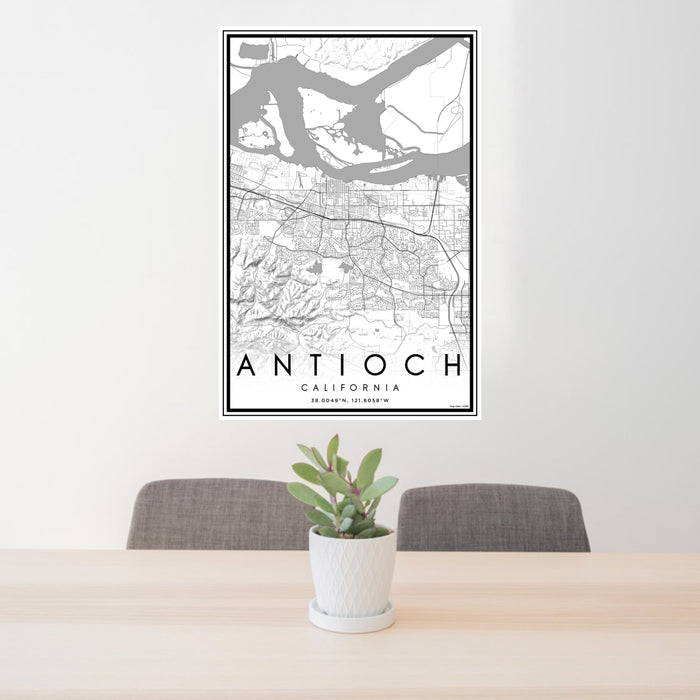 24x36 Antioch California Map Print Portrait Orientation in Classic Style Behind 2 Chairs Table and Potted Plant