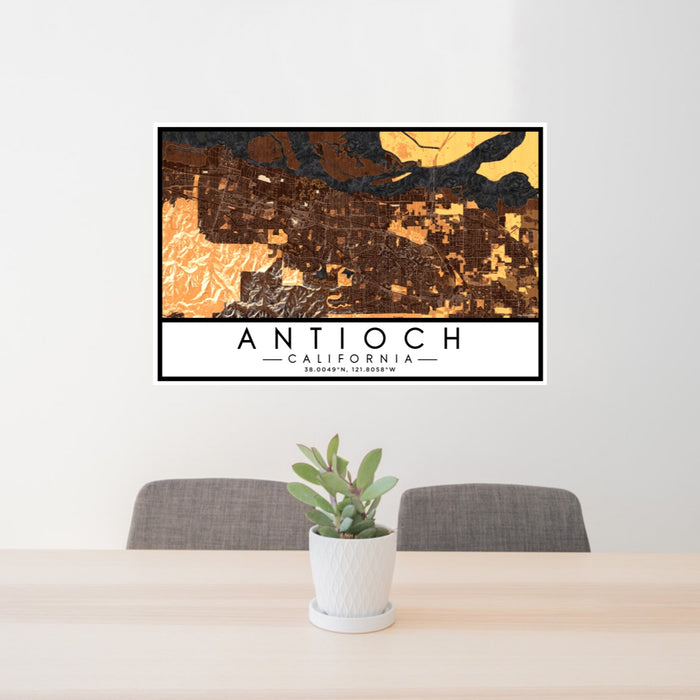 24x36 Antioch California Map Print Lanscape Orientation in Ember Style Behind 2 Chairs Table and Potted Plant