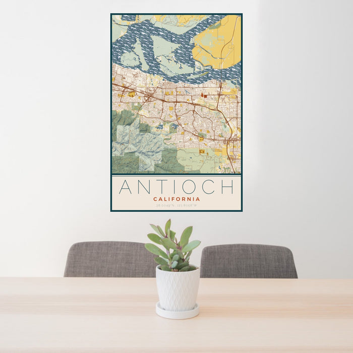 24x36 Antioch California Map Print Portrait Orientation in Woodblock Style Behind 2 Chairs Table and Potted Plant