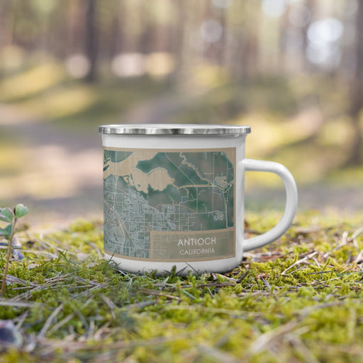Right View Custom Antioch California Map Enamel Mug in Afternoon on Grass With Trees in Background