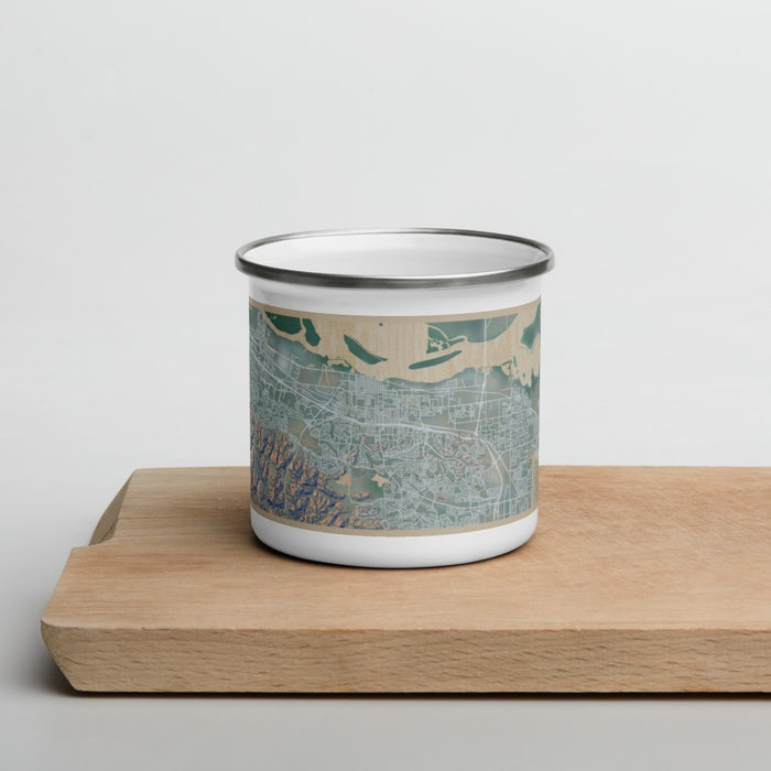 Front View Custom Antioch California Map Enamel Mug in Afternoon on Cutting Board