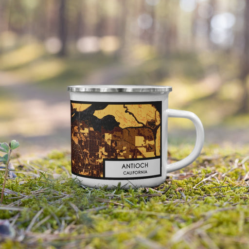 Right View Custom Antioch California Map Enamel Mug in Ember on Grass With Trees in Background