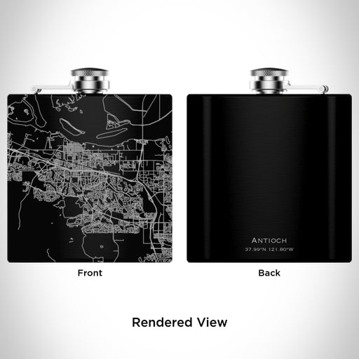Rendered View of Antioch California Map Engraving on 6oz Stainless Steel Flask in Black