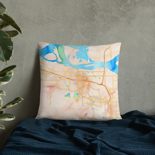 Custom Antioch California Map Throw Pillow in Watercolor on Bedding Against Wall