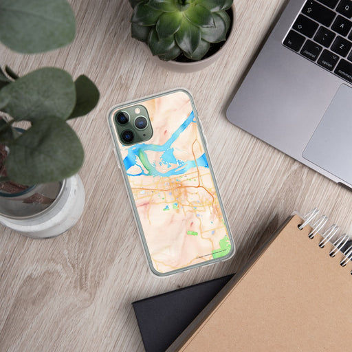 Custom Antioch California Map Phone Case in Watercolor on Table with Laptop and Plant