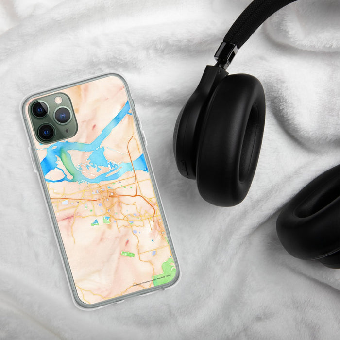 Custom Antioch California Map Phone Case in Watercolor on Table with Black Headphones