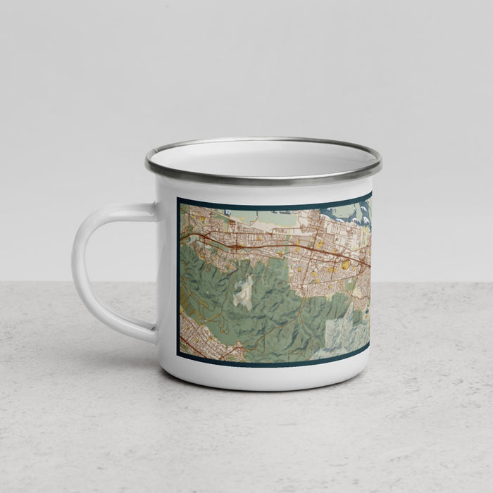 Left View Custom Antioch California Map Enamel Mug in Woodblock
