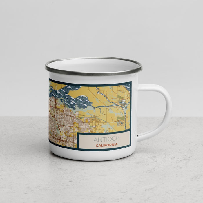 Right View Custom Antioch California Map Enamel Mug in Woodblock