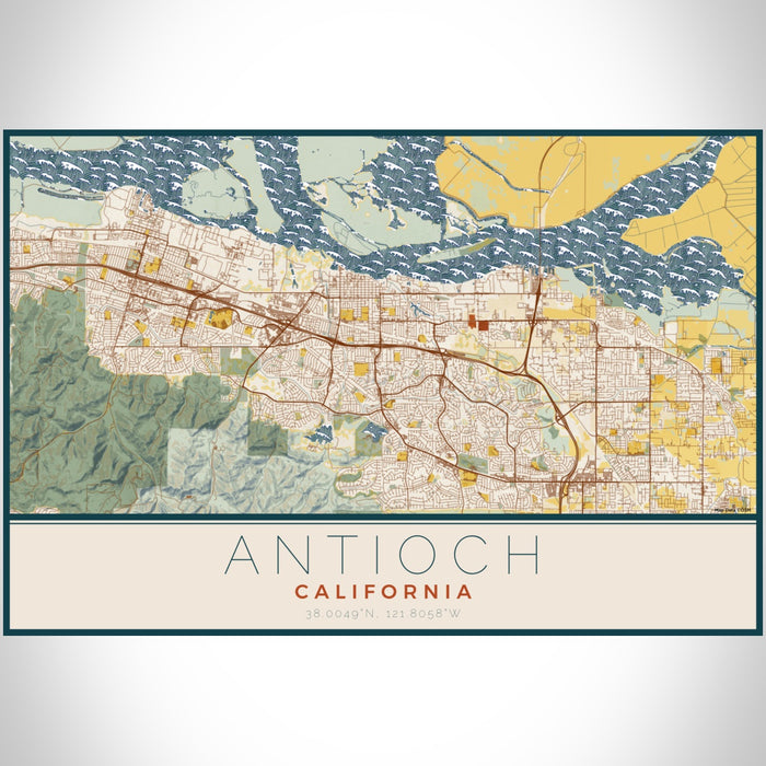 Antioch California Map Print Landscape Orientation in Woodblock Style With Shaded Background