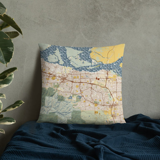 Custom Antioch California Map Throw Pillow in Woodblock on Bedding Against Wall