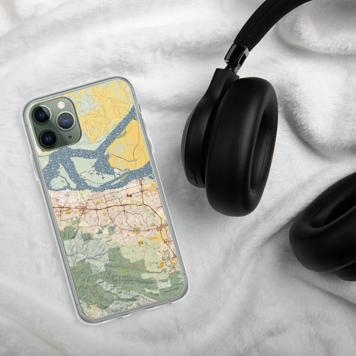 Custom Antioch California Map Phone Case in Woodblock on Table with Black Headphones