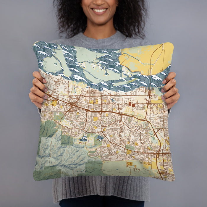 Person holding 18x18 Custom Antioch California Map Throw Pillow in Woodblock