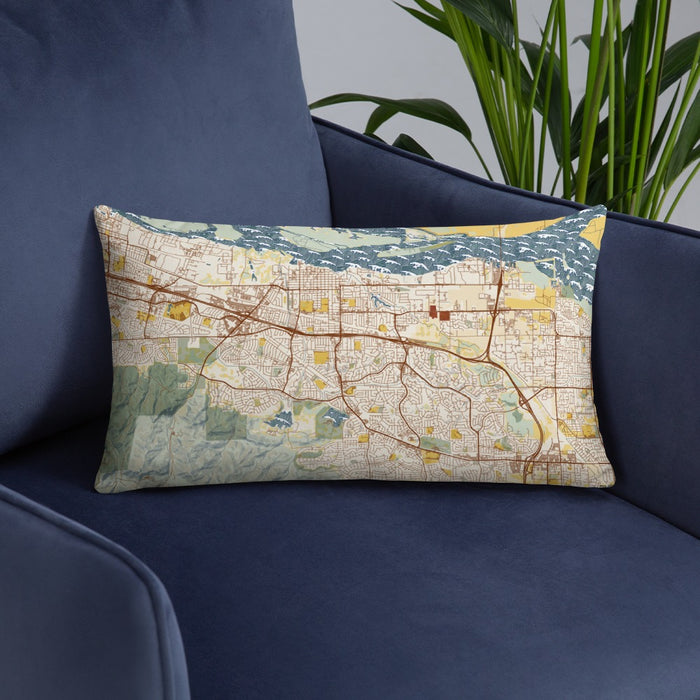 Custom Antioch California Map Throw Pillow in Woodblock on Blue Colored Chair