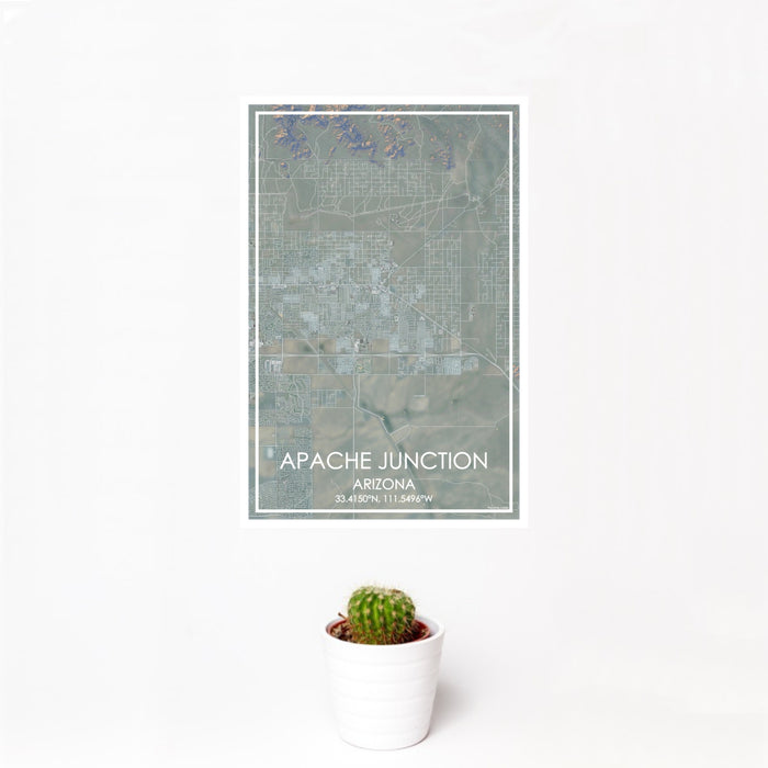 12x18 Apache Junction Arizona Map Print Portrait Orientation in Afternoon Style With Small Cactus Plant in White Planter