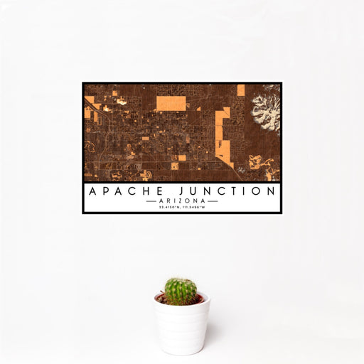 12x18 Apache Junction Arizona Map Print Landscape Orientation in Ember Style With Small Cactus Plant in White Planter