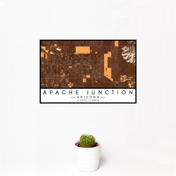 12x18 Apache Junction Arizona Map Print Landscape Orientation in Ember Style With Small Cactus Plant in White Planter