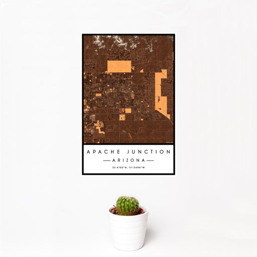 12x18 Apache Junction Arizona Map Print Portrait Orientation in Ember Style With Small Cactus Plant in White Planter