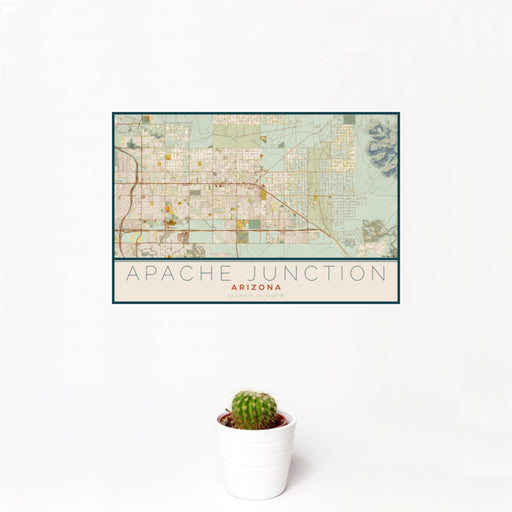 12x18 Apache Junction Arizona Map Print Landscape Orientation in Woodblock Style With Small Cactus Plant in White Planter