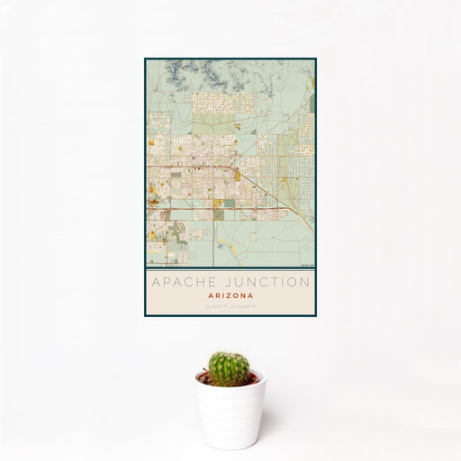 12x18 Apache Junction Arizona Map Print Portrait Orientation in Woodblock Style With Small Cactus Plant in White Planter