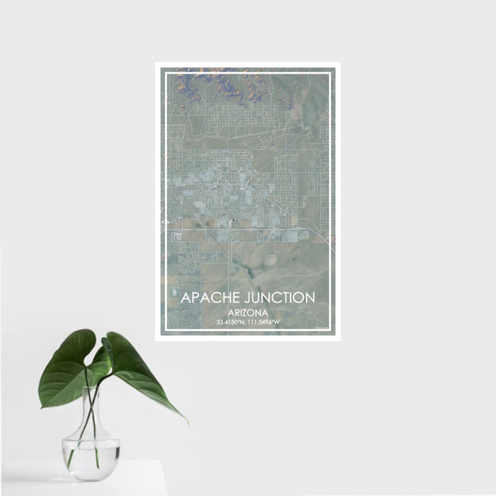 16x24 Apache Junction Arizona Map Print Portrait Orientation in Afternoon Style With Tropical Plant Leaves in Water