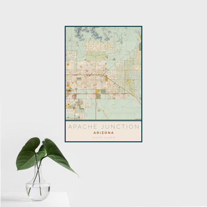 16x24 Apache Junction Arizona Map Print Portrait Orientation in Woodblock Style With Tropical Plant Leaves in Water