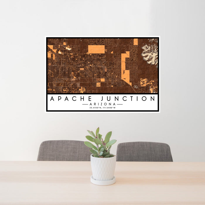 24x36 Apache Junction Arizona Map Print Lanscape Orientation in Ember Style Behind 2 Chairs Table and Potted Plant