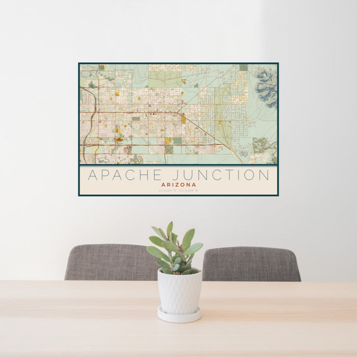 24x36 Apache Junction Arizona Map Print Lanscape Orientation in Woodblock Style Behind 2 Chairs Table and Potted Plant