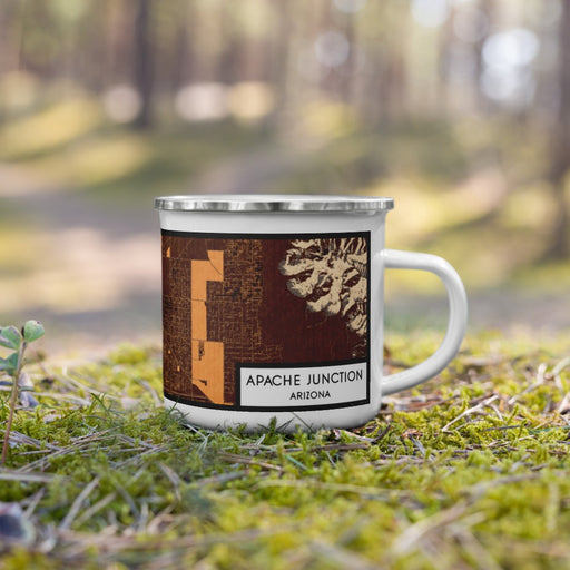 Right View Custom Apache Junction Arizona Map Enamel Mug in Ember on Grass With Trees in Background