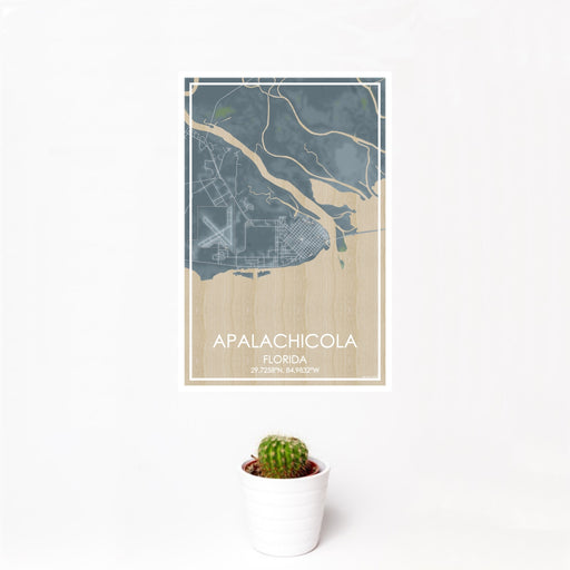 12x18 Apalachicola Florida Map Print Portrait Orientation in Afternoon Style With Small Cactus Plant in White Planter