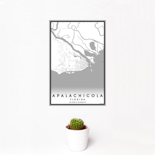 12x18 Apalachicola Florida Map Print Portrait Orientation in Classic Style With Small Cactus Plant in White Planter