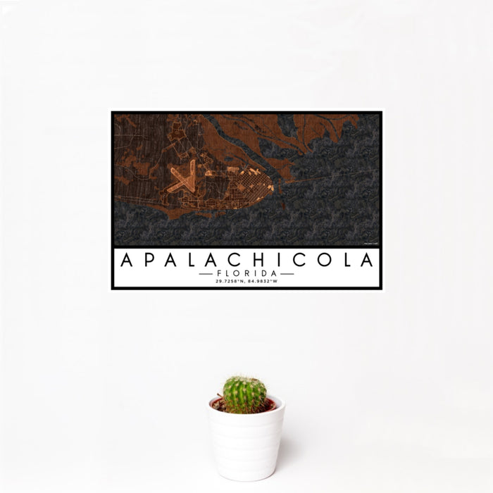 12x18 Apalachicola Florida Map Print Landscape Orientation in Ember Style With Small Cactus Plant in White Planter