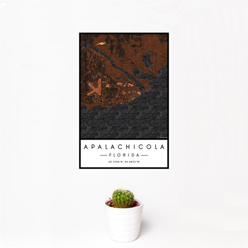 12x18 Apalachicola Florida Map Print Portrait Orientation in Ember Style With Small Cactus Plant in White Planter
