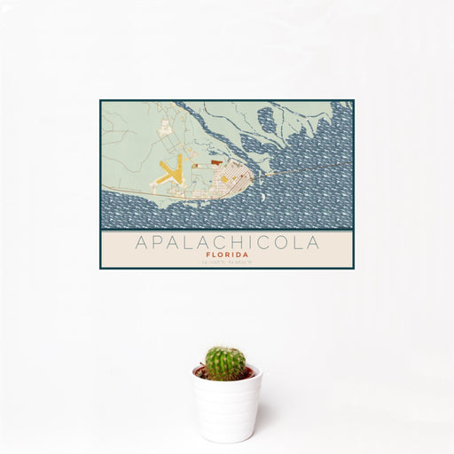 12x18 Apalachicola Florida Map Print Landscape Orientation in Woodblock Style With Small Cactus Plant in White Planter
