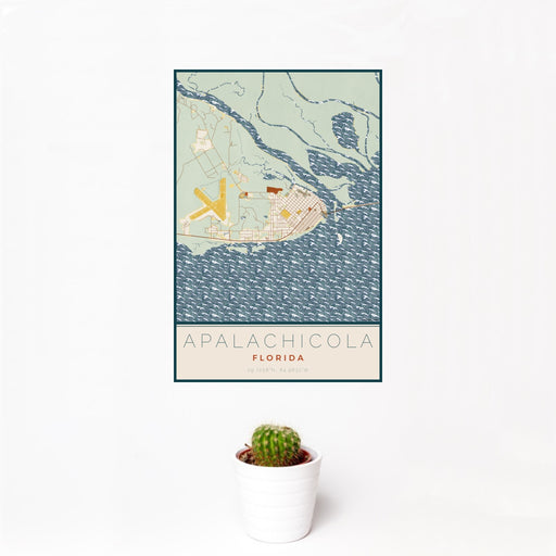 12x18 Apalachicola Florida Map Print Portrait Orientation in Woodblock Style With Small Cactus Plant in White Planter