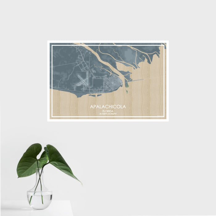 16x24 Apalachicola Florida Map Print Landscape Orientation in Afternoon Style With Tropical Plant Leaves in Water