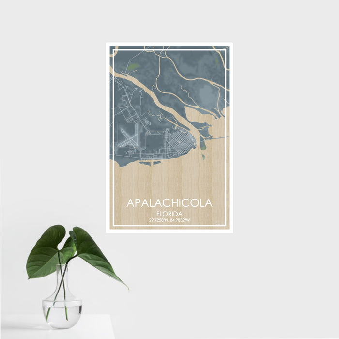16x24 Apalachicola Florida Map Print Portrait Orientation in Afternoon Style With Tropical Plant Leaves in Water