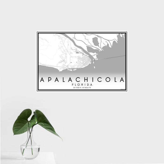16x24 Apalachicola Florida Map Print Landscape Orientation in Classic Style With Tropical Plant Leaves in Water