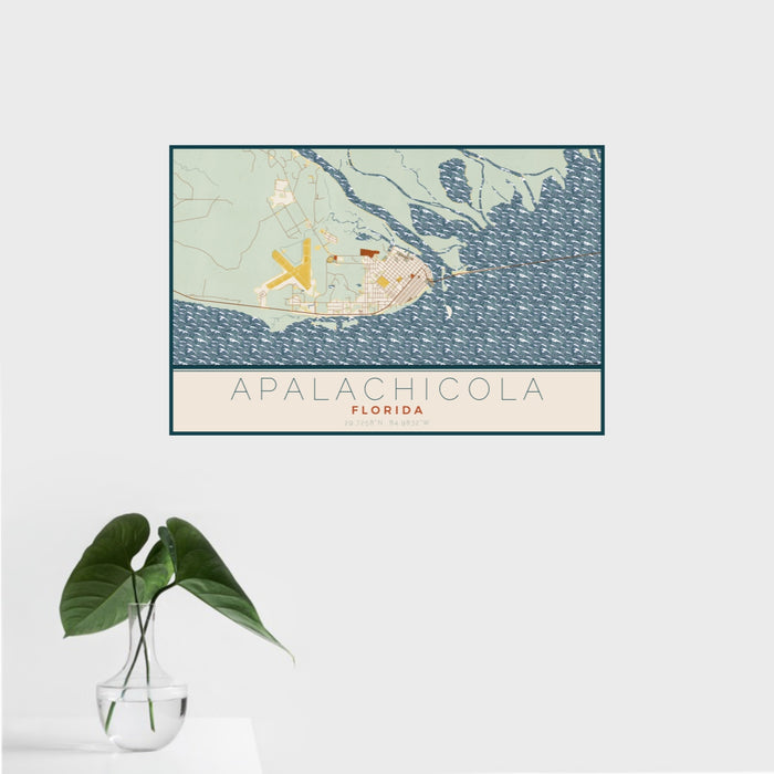 16x24 Apalachicola Florida Map Print Landscape Orientation in Woodblock Style With Tropical Plant Leaves in Water