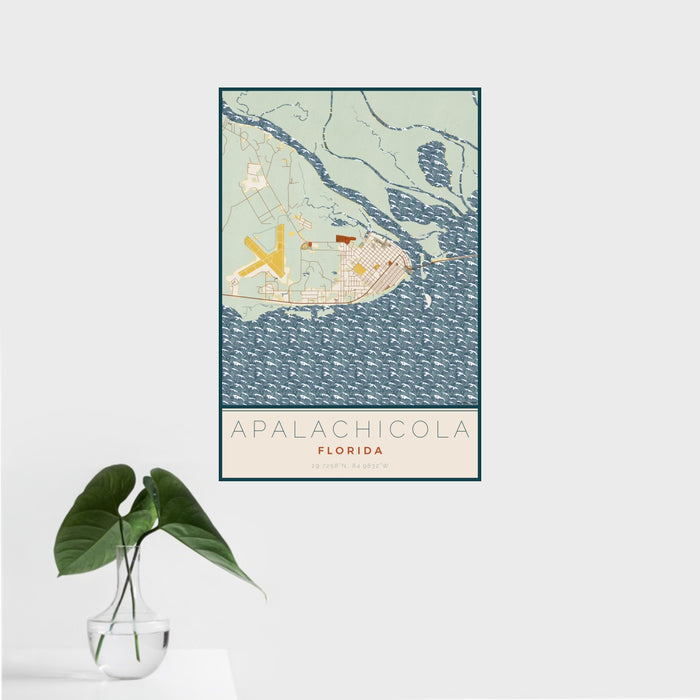 16x24 Apalachicola Florida Map Print Portrait Orientation in Woodblock Style With Tropical Plant Leaves in Water