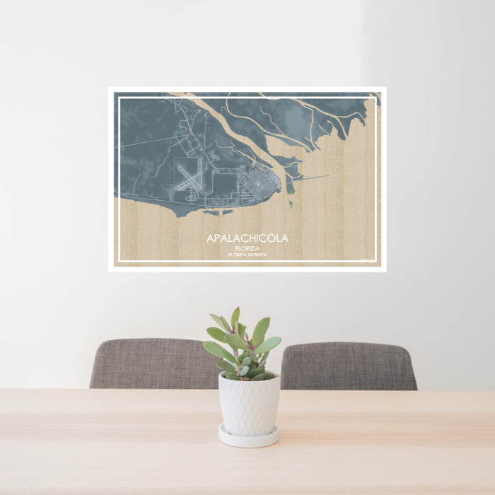 24x36 Apalachicola Florida Map Print Lanscape Orientation in Afternoon Style Behind 2 Chairs Table and Potted Plant