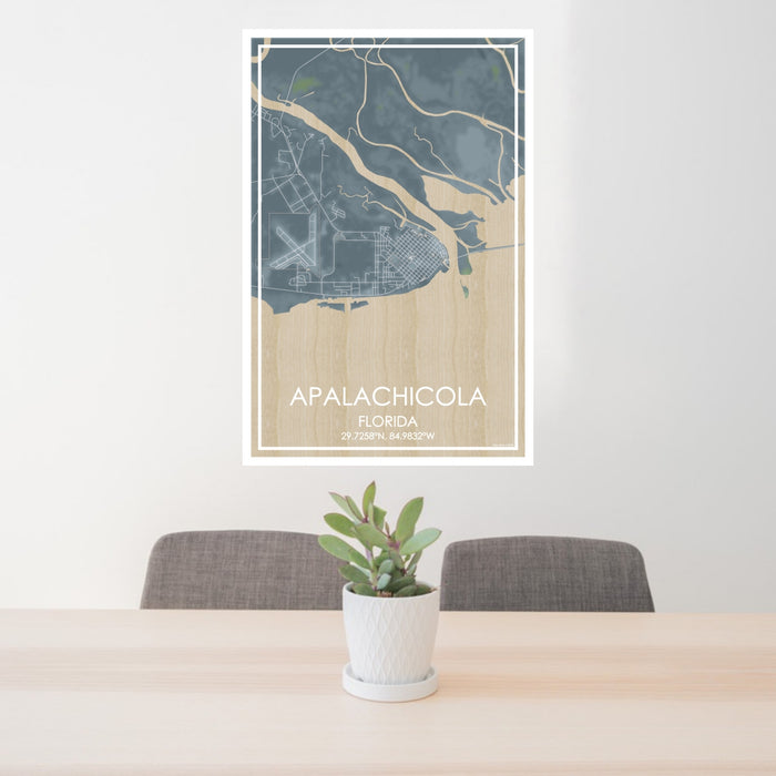 24x36 Apalachicola Florida Map Print Portrait Orientation in Afternoon Style Behind 2 Chairs Table and Potted Plant