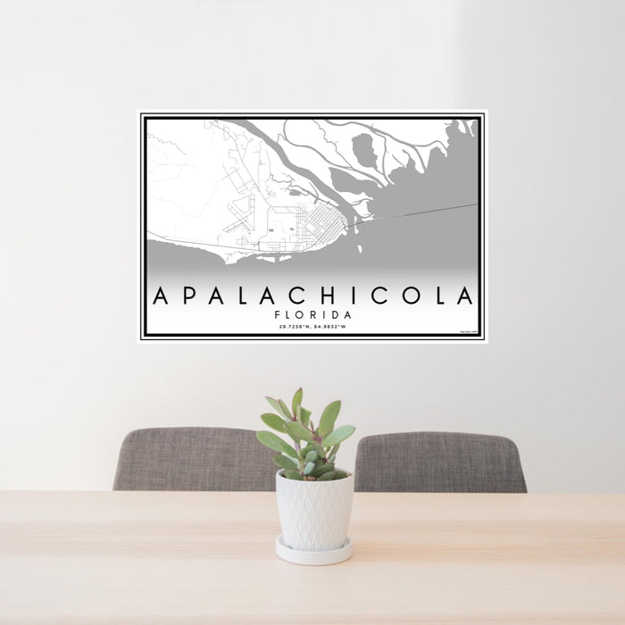 24x36 Apalachicola Florida Map Print Lanscape Orientation in Classic Style Behind 2 Chairs Table and Potted Plant