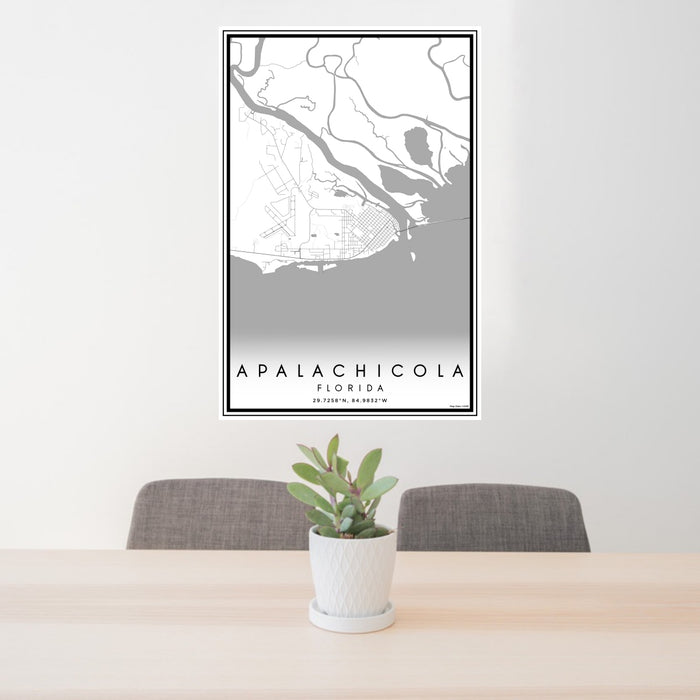 24x36 Apalachicola Florida Map Print Portrait Orientation in Classic Style Behind 2 Chairs Table and Potted Plant