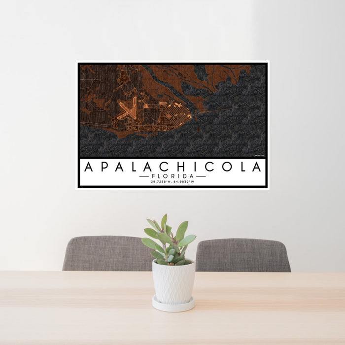 24x36 Apalachicola Florida Map Print Lanscape Orientation in Ember Style Behind 2 Chairs Table and Potted Plant