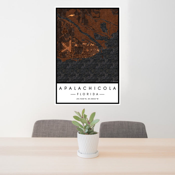 24x36 Apalachicola Florida Map Print Portrait Orientation in Ember Style Behind 2 Chairs Table and Potted Plant