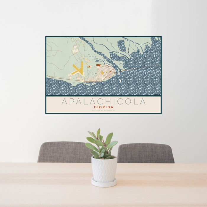 24x36 Apalachicola Florida Map Print Lanscape Orientation in Woodblock Style Behind 2 Chairs Table and Potted Plant