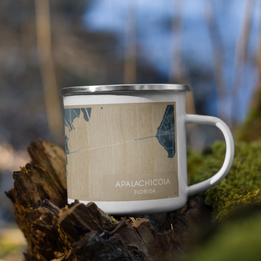 Right View Custom Apalachicola Florida Map Enamel Mug in Afternoon on Grass With Trees in Background